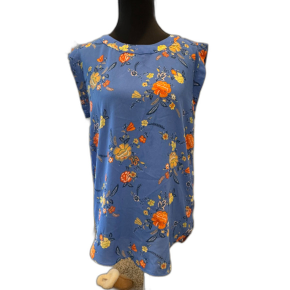 🌺 Alice Blue Oversized Sleeveless Blouse XS Blue Orange Print Work Casual Top - Picture 7 of 9